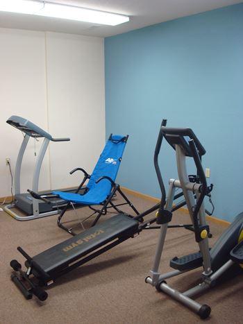 A gym with a treadmill, a stationary bike and a weight bench.